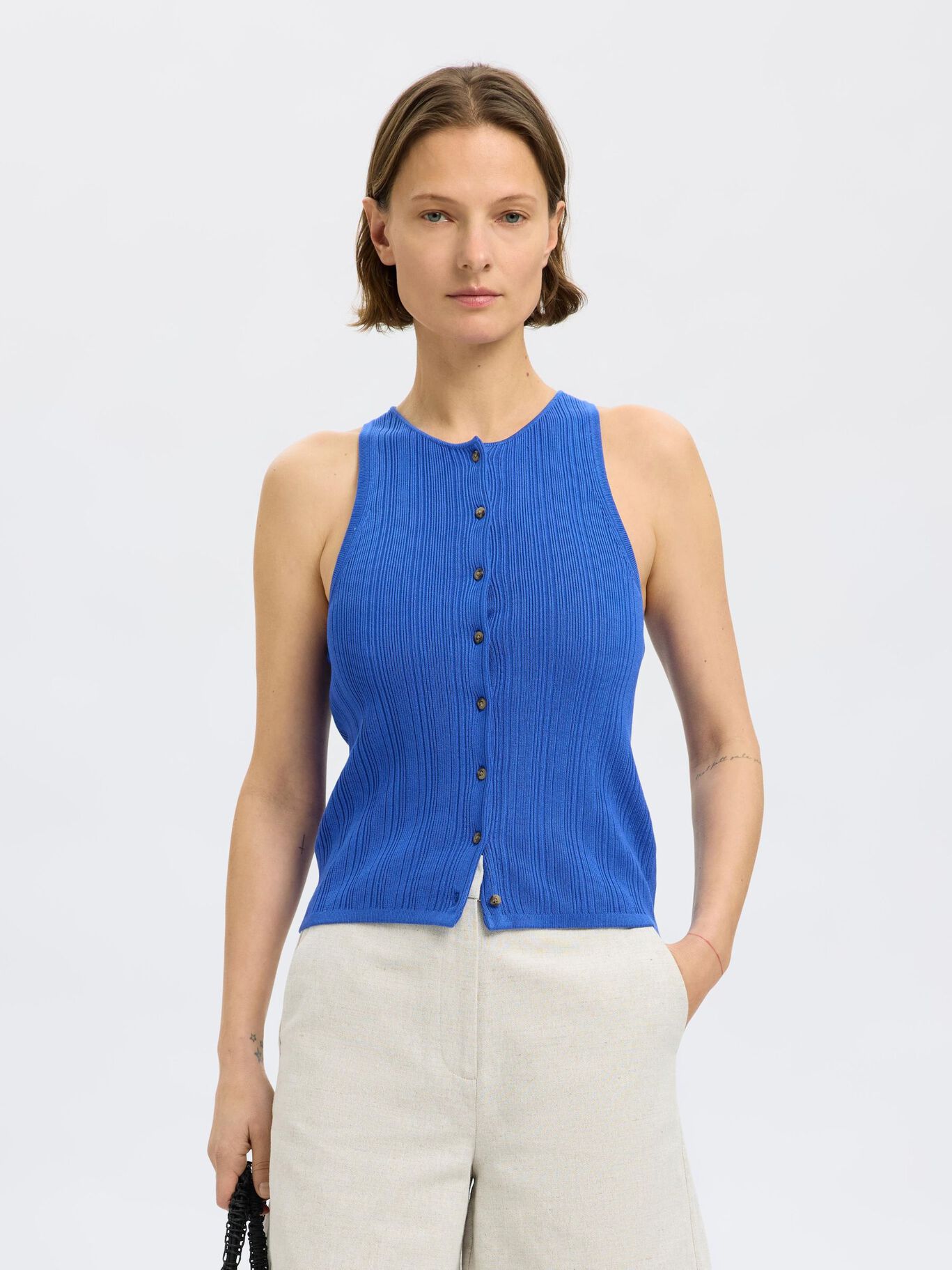 Slftrixie Knit Button Top Blue