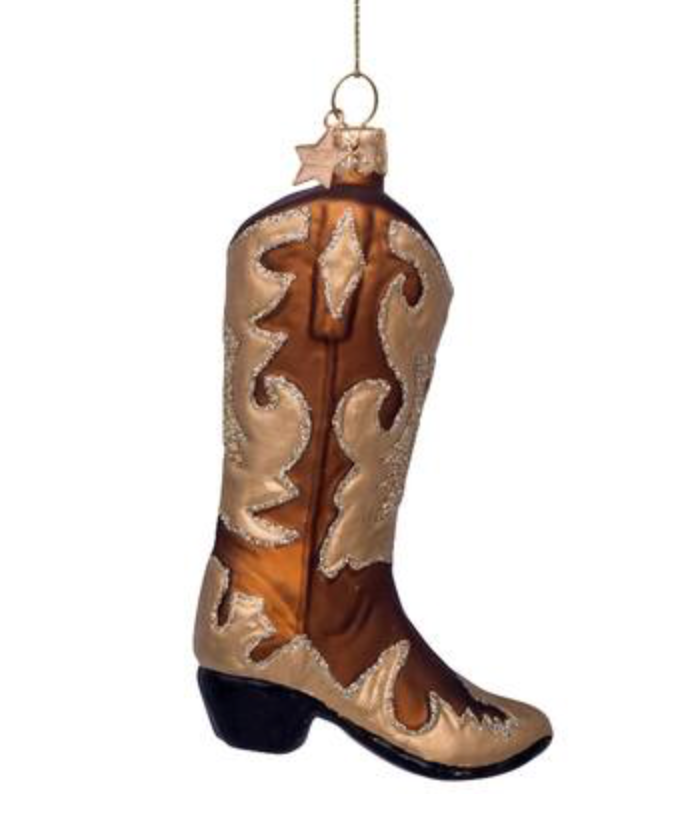 Ornament Glass Brown W/ Gold Cowboy Boot