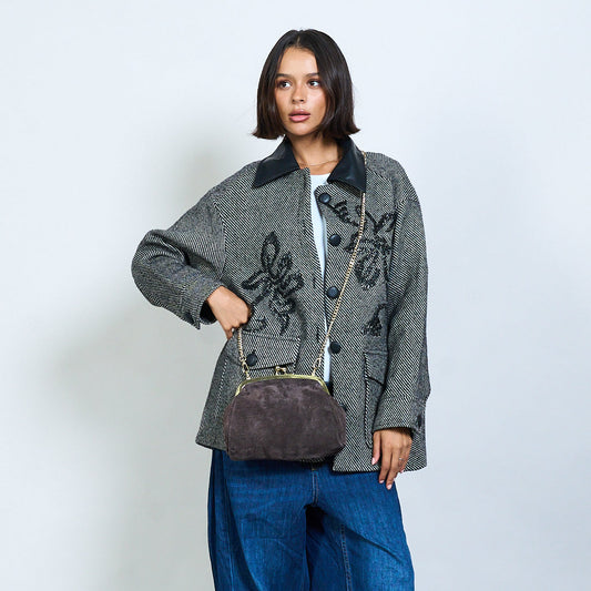 Suede Chain Strap Clutch Coffee