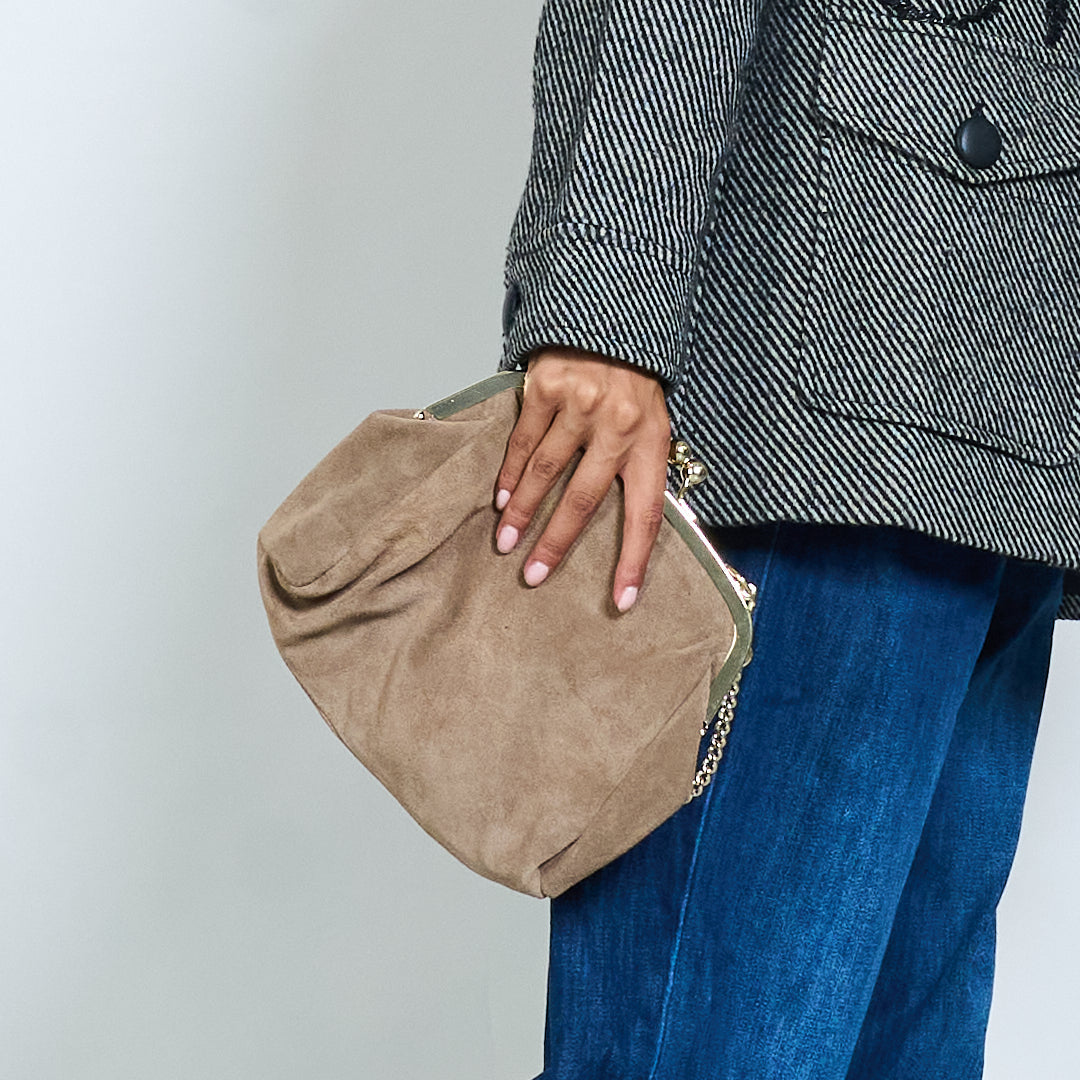 Suede Chain Strap Clutch Light Beige