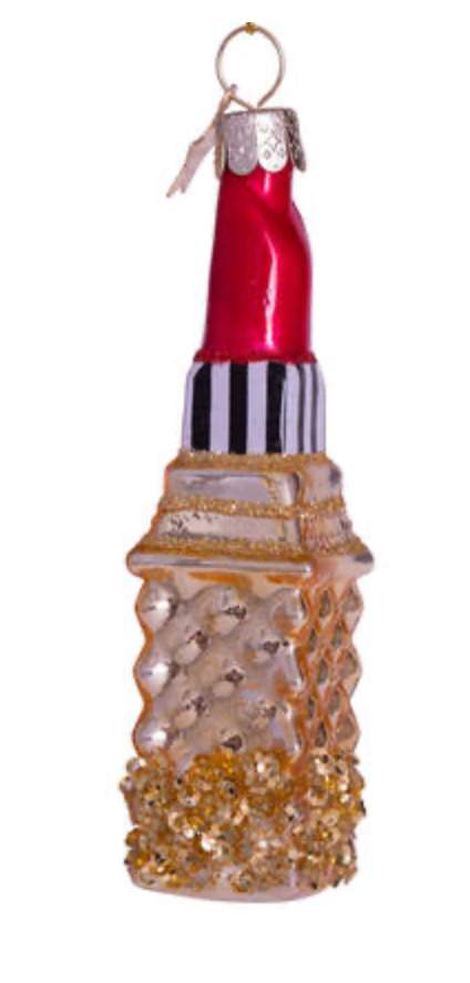 Ornament Glass Red Lipstick W/stripes