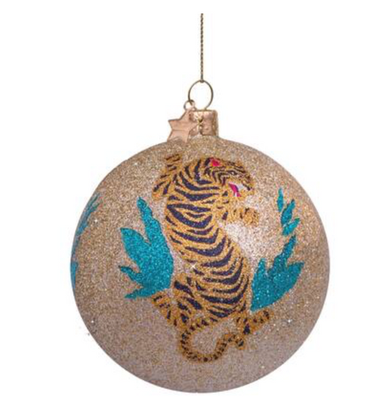 Bauble Glass Gold Glitter Tiger